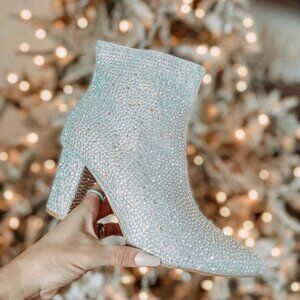 New Silver Glitter Pointed Toe Diamante Rhinestone Ankle Boot Booties Block Heel